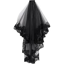 Voile De Mariée Gothique Noir – Dentelle Et Broderie – Pour Halloween, Mariage, Photos Ou Soirées - 7