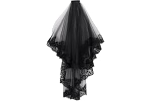 XINCHI Voile de mariée en dentelle noire cathédrale Halloween avec peigne voile noir tulle doux court bord brodé longueur du coude femmes soirée bal costume