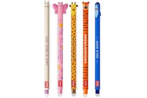 LEGAMI - Set of 5 Erasable Gel Pens with Thermosensitive Erase Ink, Range of ink colours & barrel designs, 0.7mm Tip, Bunny, Butterfly, Giraffe, Tiger, & Shark