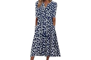 AMhomely Summer Dress for Women 2023 Clearance Causal V-Neck Button Short Sleeve Vacation with Pockets Dress UK Ladies Printing Dress Party Elegant Beach Dress Club Cocktail Work Dresses