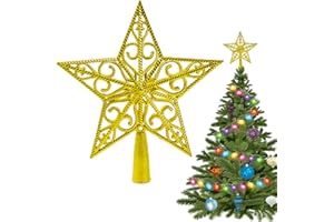FALAQUER Punta de árbol de Navidad, estrella, vintage, ligera, clásica, de plástico, ahuecada, estrella, estrella para árbol de Navidad, ideal para decoración de árbol de Navidad, color dorado