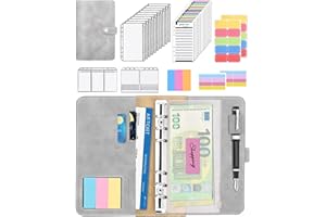 JEJA Agenda Con Buste Porta Soldi, A6 PU Raccoglitore soldi di bilancio Con Foglio di Bilancio Delle Spese, Buste Trasparenti a Cerniera, Etichette Colorate (Grigio chiaro)