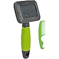 TRIXIE soft brush for grooming top coat & undercoat - soft metal bristles - with brush cleaner - rubberised handle - black/green - 7 x 13 cm - 6288