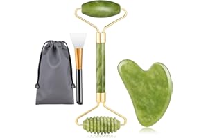 KIIWAH Jade Roller Visage et Gua Sha Masseur, Rouleau de Jade Double Extrémité et Pierre de Massage Naturelle avec Sac de Rangement pour Anti-âge Anti-rides
