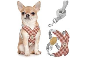 Pawaboo Arnés Perros con Correa, Arnes Tipo Chaleco para Perros Pequeños Medianos, Arnés Ajustable Antitirones Transpirable Acolchado de Forma X para Cachorros Gatos Caminar, S, Khaki Plaid