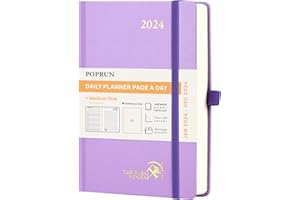 POPRUN Agenda 2024 Journalier 21,5 x 14,5cm, 1 Page par jour de jan 2024 à déc 2024 avec Couverture Rigide, Signets ruban, Poche intérieure, Papier Certifié FSC®80 g/m²- Violet