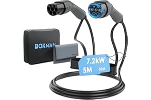 bokman Cavo Tipo 2, modalità 3 / 32A / 7,2 KW / 1 Fase / 5 Metri, Cavo Ricarica Auto Elettrica Tipo 2 con Borsa per Il Trasporto e Asciugamano in Microfibra (BKM37205)