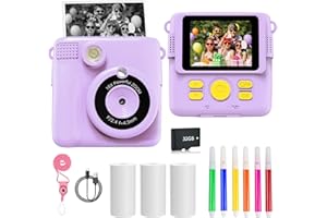 LUSEREN Purple Kids Instant Print Camera Toy, 1080P HD Digital Camera with Photo Paper, 6 Colour Pens, 32GB SD Card - Birthday Gifts for Girls & Boys Aged 3 to 12+