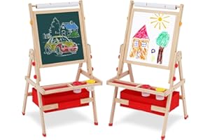 ‎HOMCENT HOMCENT Kindertafel aus Holz mit Papierrollenhalter für Kinder, Doppelseitige Drehbare Kunst Staffelei für Jungen Mädchen, Staffelei Holz Kinder mit Whiteboard, Tafel