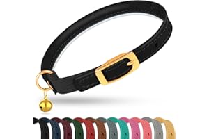OOPSDOGGY Rolled Leather Cat Collar with Bell - Reflective Kitten Collar with Safety Elastic Strap - Adjustable Small Pet Collars for Boy Girl Cats (Black)
