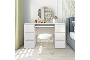 UMAIL High Gloss White Dressing Table with 6 Drawers Home Office Computer Desk Study Table for Home Bedroom Office 120(L) x50(W) x70(H) cm