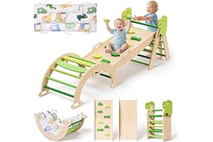 CUPCHID Montessori Indoor Playset,9-in-1 Indoor Climbing Frame for Toddlers, Foldable Baby Climbing Toys Wood Triangle Set with Climbing Arch, Balance Cushion, Outdoor Climbing Frames