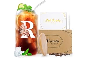 Psukhai A-Z 26 Initial Personalised Birthday Gifts for Women Girlfriend Best Friend Her Mum Sister Friendship Teacher Valentines Christmas Gifts for Dad Him Men, Iced Coffee Cup Gift with Lids Straws