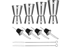 VLECEXS Jigger Cocktail, 4 Pezzi Misurino Doppio per Cocktail in Acciaio Inox 30ml,40ml,50ml,60ml con 4 Tappo Versatore e 2 Spazzola di Pulizia per Bar, Vino, Bevande Barista (Stile A)