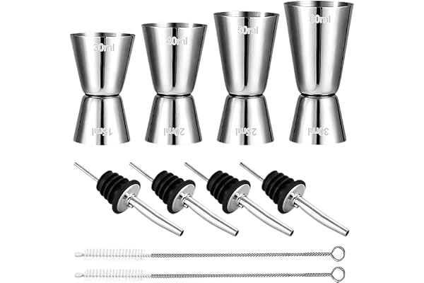 Cocktail, 4 st. Cocktailglas i rostfritt stål, 30 ml, 40 ml, 50 ml, 60 ml med 4 hälllock och 2 rengöringsborste för bar, vin, barista-drycker