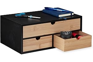 Relaxdays Schreibtisch Organizer, 3 Schubladen, Bambus & MDF, Schreibtischbutler Büro, HBT: 13,5x33x21 cm, Natur/schwarz