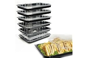 TRAYA Pack of 6 Reusable Sandwich Platter Trays with lids - Reusable Plastic Catering Trays with Lids for Meal Prep, Cakes, Treats and Sandwiches (33.5cm x 24cm x 7cm)