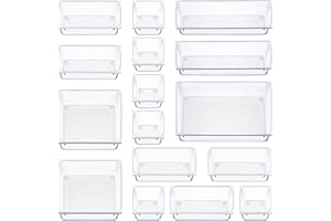 ZEYXINH Organizer Cassetti, 16 Pezzi Organizer Trucchi, Organizer Bagno Divisori per Cassetti Contenitori Impilabili Trucchi, 5 Taglie Scatole di Stoccaggio Impilabili per Scrivania, Bagno, Cucina