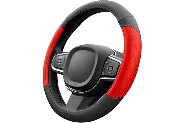 Upgrade4cars Couvre Volant Voiture Noir Rouge Simili Cuir | Housse de Protection Taille Universel 37-38 cm | Accessoires Auto Decoration Interieur Protege