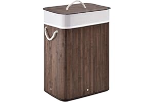 Juskys Cesto para la ropa de bambú Curly 72 litros en marrón - Cubo para la ropa con tapa, asa y 1 compartimento - Bolsa para la ropa de tela, extraíble y lavable