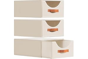 Homsorout Wardrobe Storage Organiser - 3 Pack Foldable Stackable Storage Drawers Box,Fabric Storage Baskets for Clothes Organization,Shelves,Bedroom,Living Room, Beige