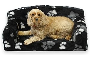 PET BEDS DIRECT Fur Paws – Faux Fur Pet Sofa. Nice Pet Settee. Very Soft Dog bed. Removable cover for animal Couch. Inner material is high grade foam. UK MANUFACTURER (Black with paws, Small 82 x 46 x 34cm)