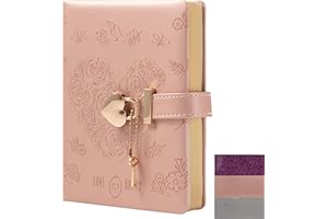 TIEFOSSI Diario con chiusura a cuore con chiave, diario in pelle PU glitterata, diario B6 per scrivere, 144 fogli di carta a righe, regalo per ragazze e donne (fiore rosa)