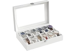 SONGMICS Boîte à Montres à 12 Emplacements, Coffret à Montres, Écrin, Couvercle en Verre, Coussinets Amovibles, Serrure en Métal, Revêtement en Blanc et Doublure en Blanc JWB202
