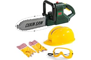 TONZE Outils Bricolage Enfant avec Tronconneuse Jouet Enfant 3 4 5 6 Ans Casque de Chantier Lunettes Gant-Jeu d'imitation Educatif Outil de Réparation Jouet Garçon Fille 3 4 5 6 Ans(4 Pièces)