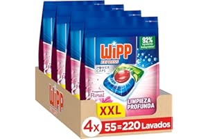Wipp Express Power Caps Detergente Floral en Cápsulas para Lavadora, Pack de 4, Total 220 Dosis, Limpieza Profunda, Eficaz en Agua Fría