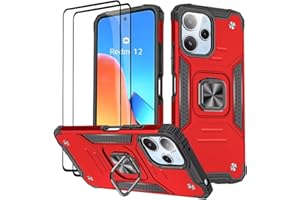 KANSi Hülle für Xiaomi Redmi 12 / Redmi 12 5G, Schutzfolie [2 Stück] Silikon TPU Hart PC Handy Hüllen 360 Grad Drehbar Ringhalter Bumper Stoßdämpfung Schutzhülle - Rote