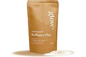 ‎GLOW25 Glow25® Collagen Plus Powder Caramel [450g] - Collagen Hydrolysate with Vitamin C, Zinc and Biotin - Peptides Type 1 and 3 - Good Solubility - Caramel Flavour