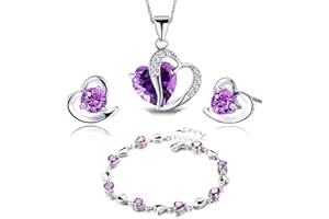 Findout Jewelry Set for Women, Sterling Silver Amethyst Red Pink Blue Clear Green Crystal Heart Pendant Necklace and Earrings with Bracelets Jewelry Sets for Women and Girls(heart Amethyst set)