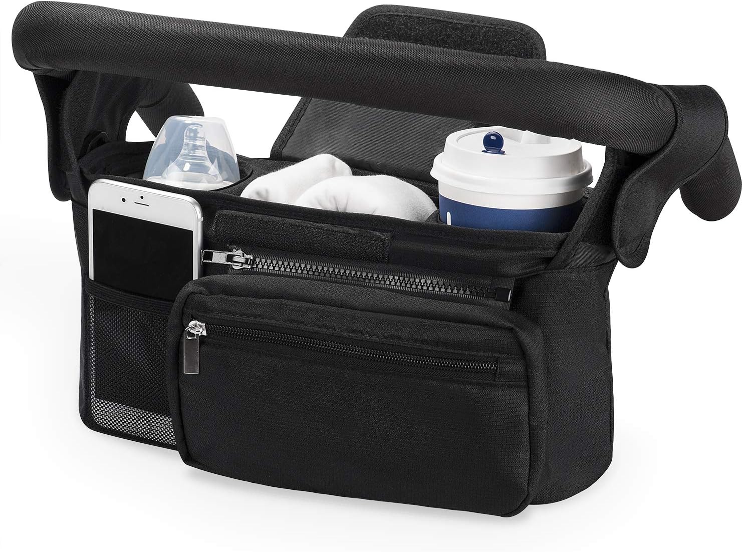 Momcozy Baby Pushchair Organiser, 3 Insulated Cup Holder,Detachable Zippered Pocket, Adjustable Shoulder Strap, Large Capacity for Baby Essentials, Compact Design Fits Any Pram Handlebar