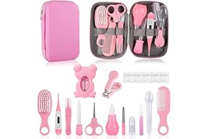 MEETOZ Baby Healthcare and Grooming Kit, 19 in 1 Infant Safety Care Set with Hair Brush Comb Nail Clipper Nasal Aspirator, Baby Essentials Kit for Newborn Girls Boys (Pink)