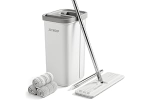 ‎JOYMOOP JOYMOOP Wischmopp und Eimer mit Auswringer-Set, weißes flaches Squeeze-Mopp-Eimer-Set für Bodenreinigung, Wandreiniger mit langem Griff, Hartholzbodenwischer, Flachkopf-Mopps, 3 Mikrofasertücher