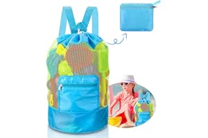 ENAIAH Grand Sac en Maille, Rangement de Jouets de Plage Sac en Filet Sac de Jouets Plage Pliant Sac à Dos, Pour les vacances en famille, voyage de plage, Natation, Jouets (Bleu)