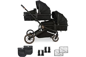 My Babiie MB33 Tandem Pushchair – Birth to 15kg Double Stroller, Twin Seat Units Convert to Carrycot, 11 Configurations, Duo Includes Car Seat Adapters, Rain Covers – Black Leopard