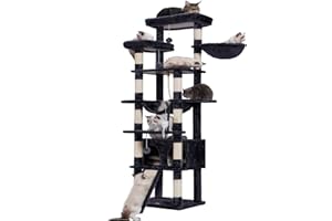 Heybly Árbol para Gatos, 200 cm de Altura Torre para Gatos, con 11 Postes, 2 Plataformas, 1 Cuevas, Cesta, Hamaca, 3 Pompón, Multinivel para Gato Grandes, Gris Ahumado HCT033G