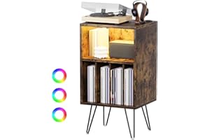 Rebonique Record Player Stand with LED Record Storage Cabinet, Vinyl Player Turntable Stand, End Table for Record Player Unit, Vinyl Record Storage for Living Room, Bedroom (Brown)