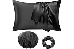 Seiwohl Silk Satin Pillowcase Soft as Silk Pillowcases for Hair and Skin Black Pillow Cases 2 Pack with Satin Scrunchies and Bonnet for sleeping, Cooling Pillow cases Envelope Closure, 50x75 cm