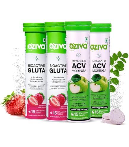 OZiva ACV Moringa| Control Cravings | Green Apple (Pack of 4) and OZiva Bioactive Glutathione Tablets for Radiant Skin