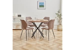 DEYARNA HOME Essgruppe Set Tisch und Stühle, 100cm Runder Esstisch und 4 Leinen-Esszimmerstühle, 4 Stühle & Tisch für Küche, Esszimmer und Wohnzimmer (Braun-LX, 100 * 100 * 76.5cm (Dunkle Holzfarbe))