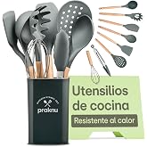 Praknu Kitchen Utensils Silicone 8 Pieces &ndash; Skimmer &ndash; Wooden Handle | Won't scratch pans or pots, FDA certified for food, gre