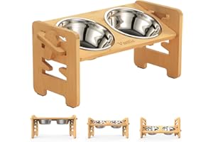 Vantic Hundenapf erhöht mit Ständer, Hundebar höhenverstellbar Futternapf für kleine Hunde und Katzen, haltbar Futterbar Futterstation Bambus mit 2 Edelstahlnäpfen und Rutschfesten Füßen