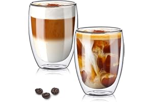 TKNO Double Walled Glass Coffee Mug Cups, Set of 2 Hollow Vacuum Sealed Cappuccino Latte Macchiato Glasses, Hand Made, Heat Resistant, Microwave Safe, 350ml Cup