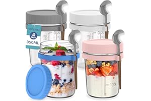 HEFTMAN Szklane słoiki na owies z pokrywkami - 4 opakowania 350 ml słoiki z łyżkami