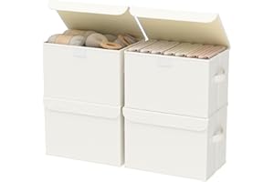 GUOHNHE Fabric Storage Bin with Lid, Closet Boxes with Cover, Collapsible Stackable Organizer Basket with 2 Handles, for Home and Bedroom, 4 Pack, Beige, 26 x 20 x 17 cm, XSNY12BES-4