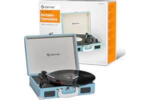 Giradischi Denver VPL-120BLUE design valigia. Altoparlanti integrati, uscita phono, compatibile con vinile 331/3, 45 e 78 RPM.