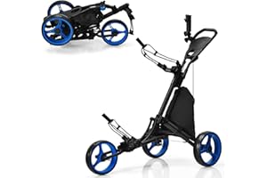 COSTWAY Carro de Golf de Empuje con 3 Ruedas, Carrito de Golf Plegable con Bolsa Recubierta en Aluminio, Tira elástica, Paraguas Regulable y Portavaso, Marcador y Freno de Pedal